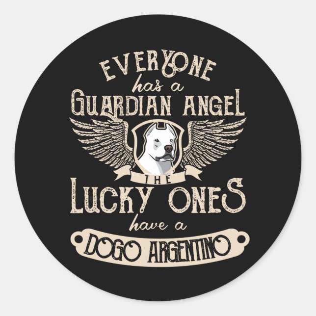 Sticker Rond Dogo Argentino Avec Guardian Angel Dit : (Devant)
