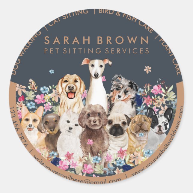 Sticker Rond Dogs Drawing with Floral Frame (Devant)