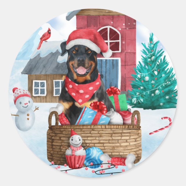 Sticker Rond Doigt Rottweiler dans la neige Maison de Chien de  (Devant)