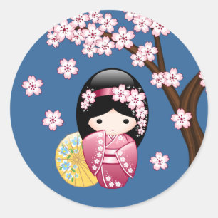 Sticker Rond Doll de Kokeshi - Cute Geisha japonaise en bleu