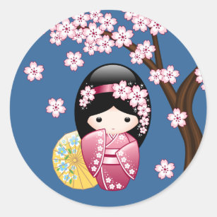 Sticker Rond Doll de Kokeshi - Cute Geisha japonaise en bleu