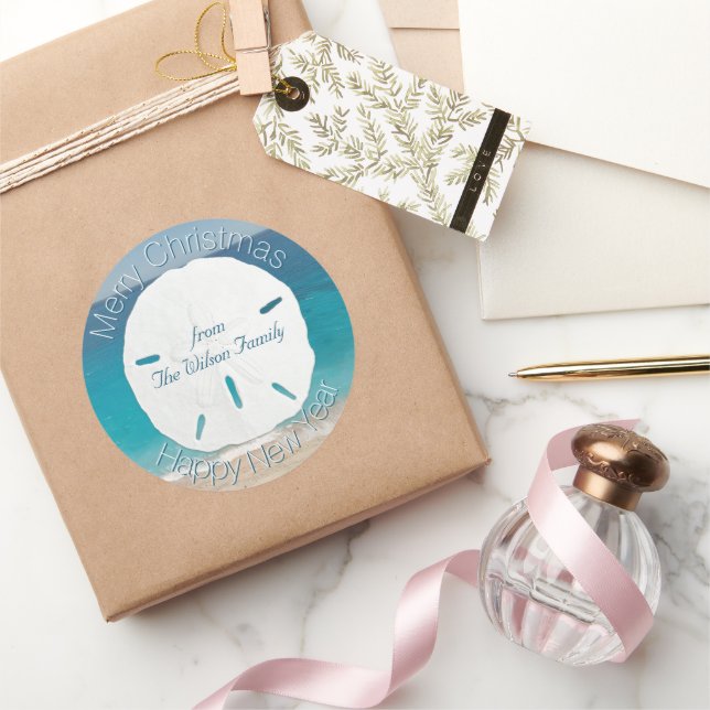 Sticker Rond Dollar de sable Bleu Océan Joyeux Noël de (Cadeaux)