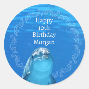 Sticker Rond Dolphin Blue Ocean 10e fête d'anniversaire