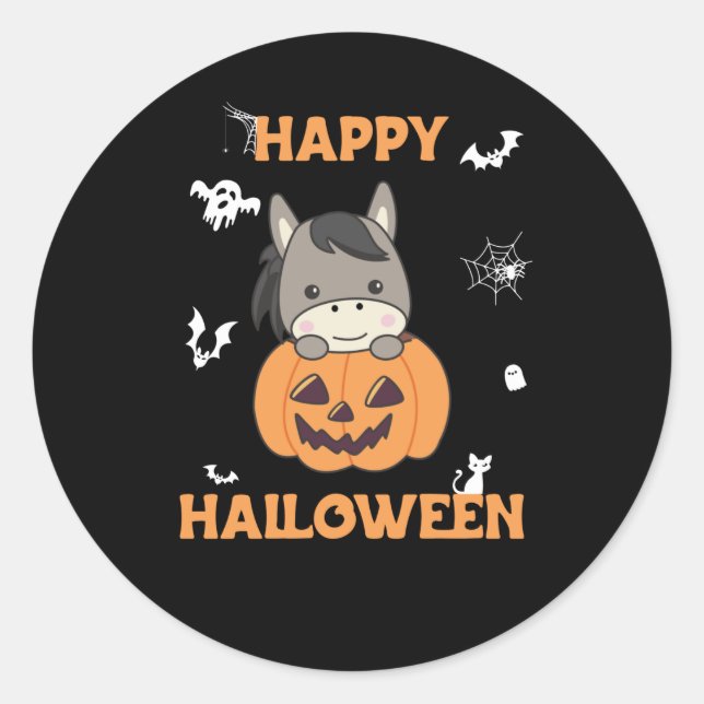 Sticker Rond Donkey En Citrouille Sweet Donkey Happy Halloween (Devant)