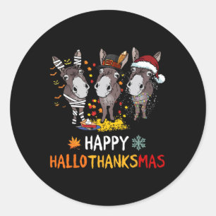 Sticker Rond Donkey Happy Hallothanksmas Halloween Thanksgiving
