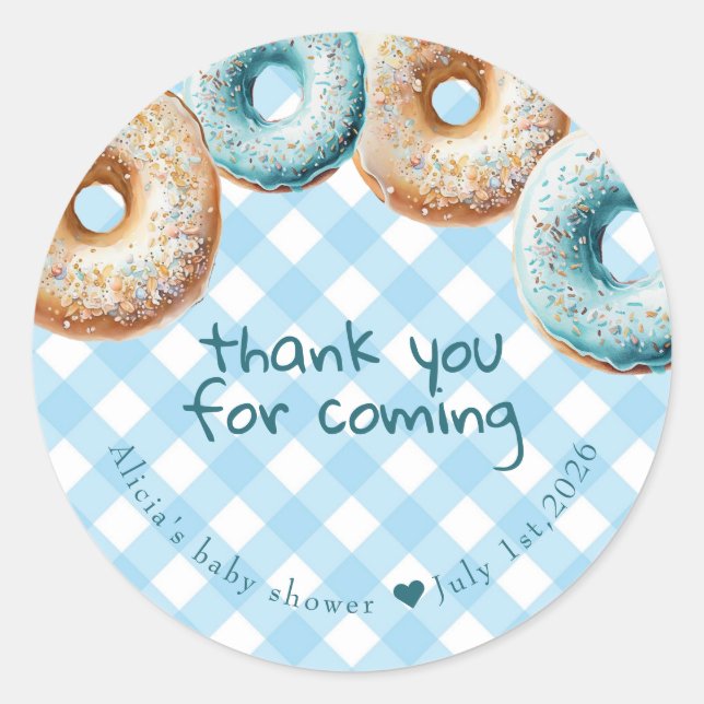 Sticker Rond Donut | Blue En vichy Baby shower garçon Merci (Devant)