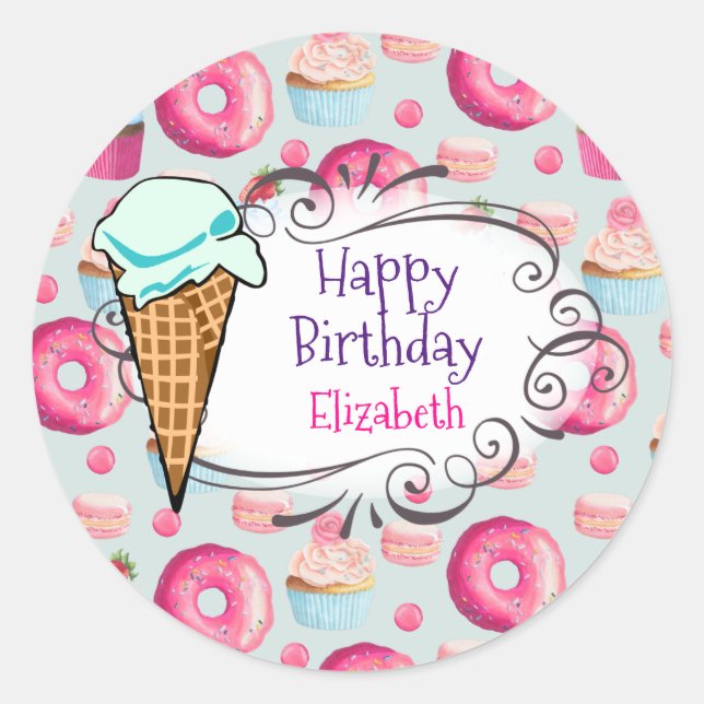 Sticker Rond Donuts Macarons Cupcakes Joyeux Anniversaire Custo (Devant)