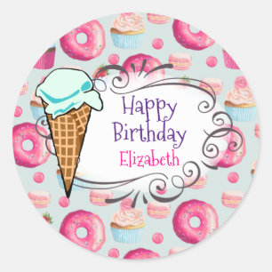 Sticker Rond Donuts Macarons Cupcakes Joyeux Anniversaire Custo