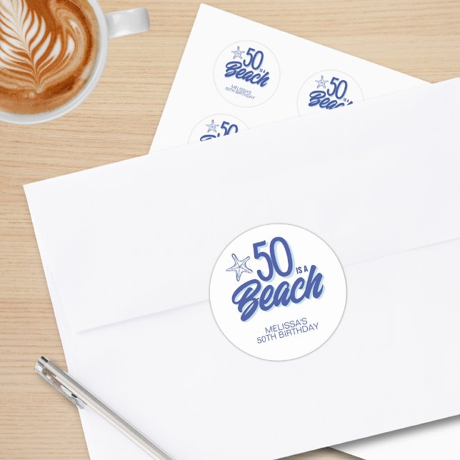 Sticker Rond Doodle à main lunaire 50e anniversaire de plage (Créateur téléchargé)