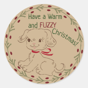 Sticker Rond Doodle Chien Chaud et Fuzzy Noël