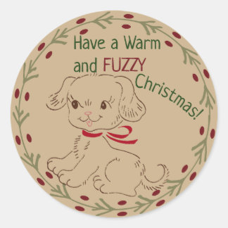 Sticker Rond Doodle Chien Chaud et Fuzzy Noël