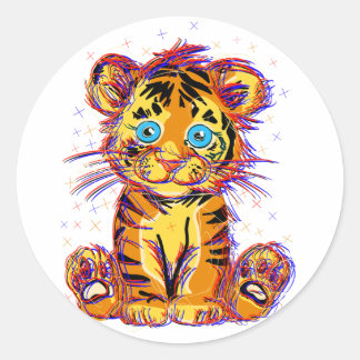 Sticker Rond Doodle de tigre bebé: La dulzura salvaje y los ojo