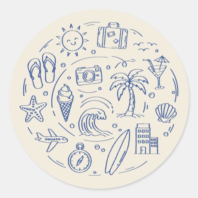 Sticker Rond Doodle de voyage d'été bleu dessiné à la main (Devant)