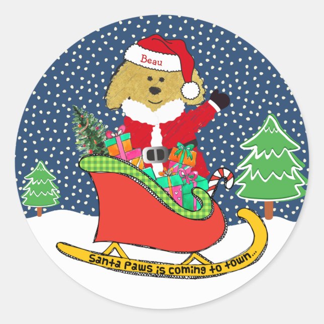 Sticker Rond Doodle doré de Noël personnalisé Père Noël Sleigh (Devant)
