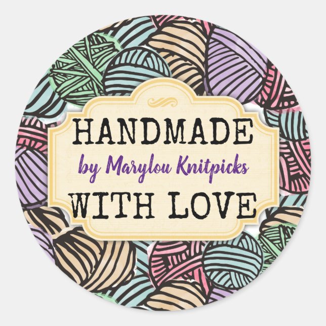 Sticker Rond Doodle fil tricot crochet fait main avec amour (Devant)