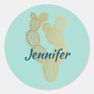 Sticker Rond Doodle Gold Prickly Cactus Personnalisé