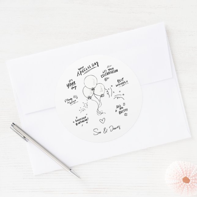 Sticker Rond Doodle moderne Balloon sur mesure Joyeux anniversa (Enveloppe)