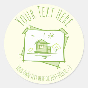 Sticker Rond Doodle Paysage Maison. Modèle cadeau immobilier
