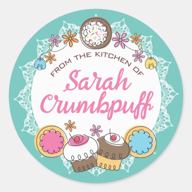 Sticker Rond Doodles cookies cupcakes de la cuisine de classe (Devant)