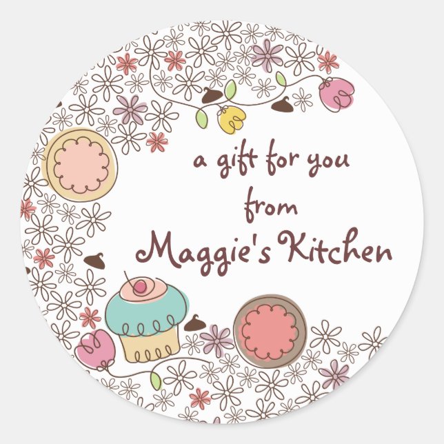 Sticker Rond Doodles cookies cupcakes fleurs boulangerie bonbon (Devant)