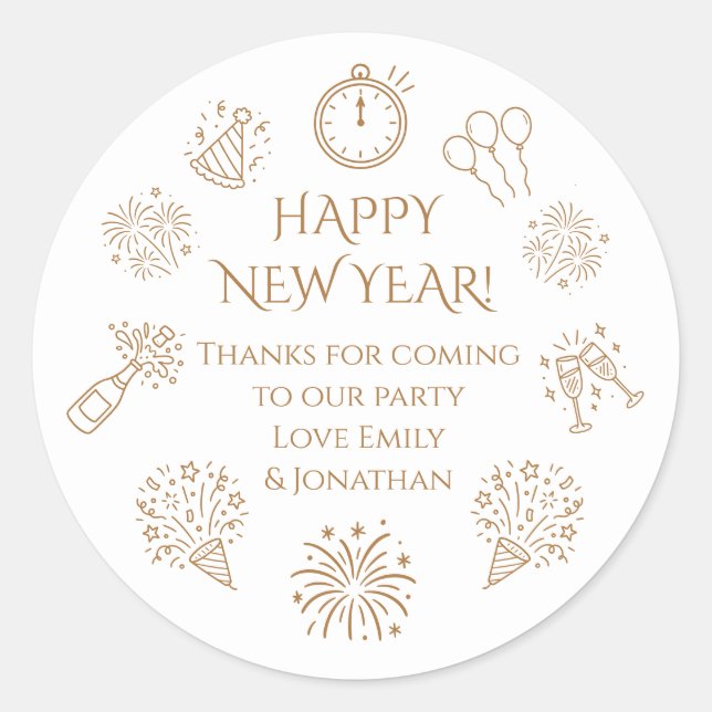 Sticker Rond Doodles Gold text New Year Party Thank you  (Devant)