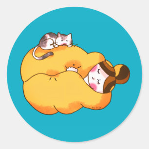 Sticker Rond Dormir la fille avec chat confortable