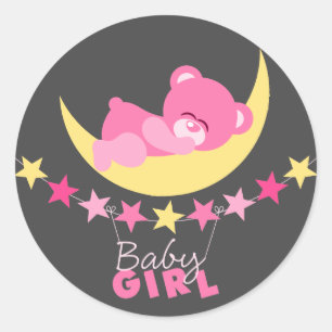 Sticker Rond Dormir Rose Girl Teddy Ours Sur Le Baby shower Lun