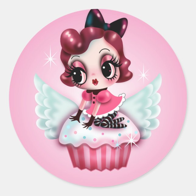 Sticker Rond Dottie roule un Cupcake volant ! (Devant)