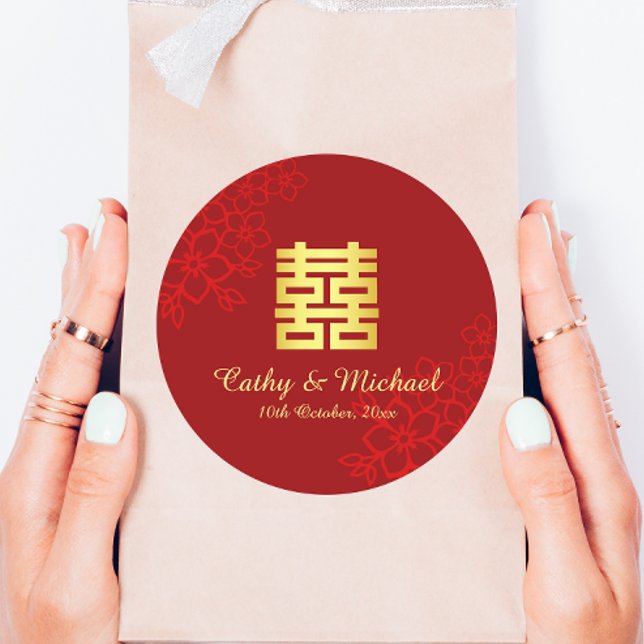 Sticker Rond Double bonheur arrière - plan floral mariage chino (Créateur téléchargé)