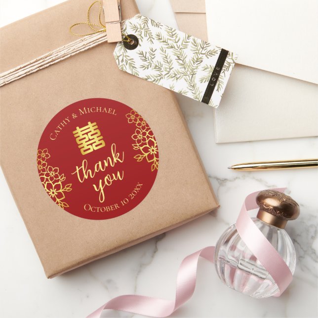 Sticker Rond Double bonheur floral merci mariage chinois (Cadeaux)