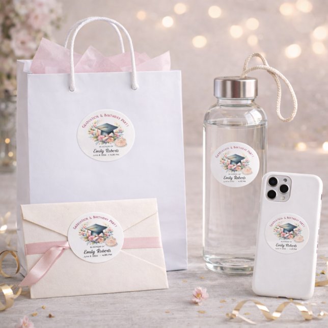 Sticker Rond Double Célébration Florale de Diplôme et d'Anniver (Créateur téléchargé)