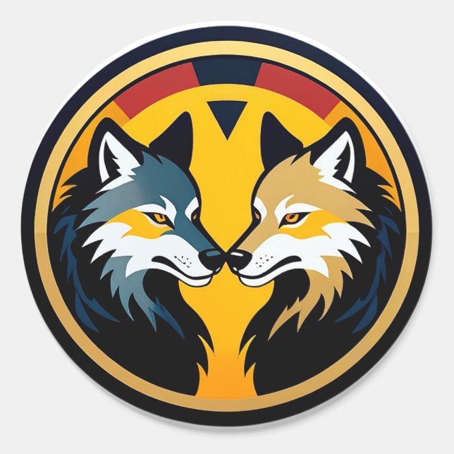 Sticker Rond Double Logo Emblème Loup Avec Cercle Doré (Devant)