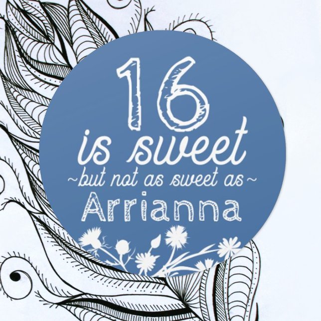 Sticker Rond Douce 16 Fleurs Bleues, Blanches (round floral blue sweet 16 party favor sticker personalized label seal with name for sweets gifts)