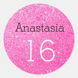 Sticker Rond Douce 16 Nom Âge Noir et rose paillettes scintilla