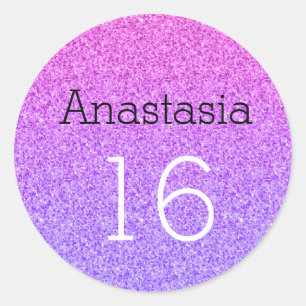 Sticker Rond Douce 16 Nom Âge Ombre Violet Paillettes Étincelle