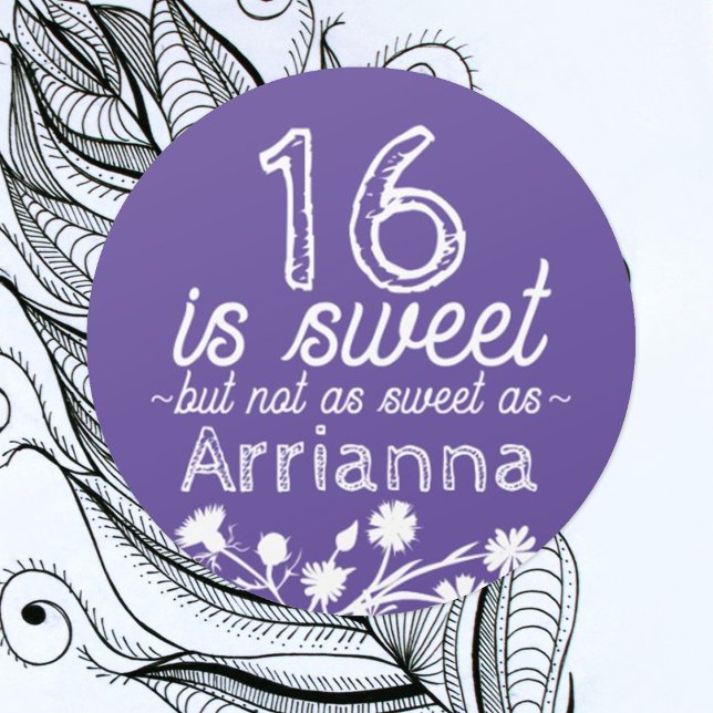 Sticker Rond Douce 16 Violet, Fleurs Blanches (round floral purple sweet 16 party favor sticker personalized label seal with name for sweets gifts)
