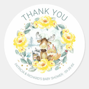 Sticker Rond Douce Animaux de la Forêt Fleurs et Feuillage Baby