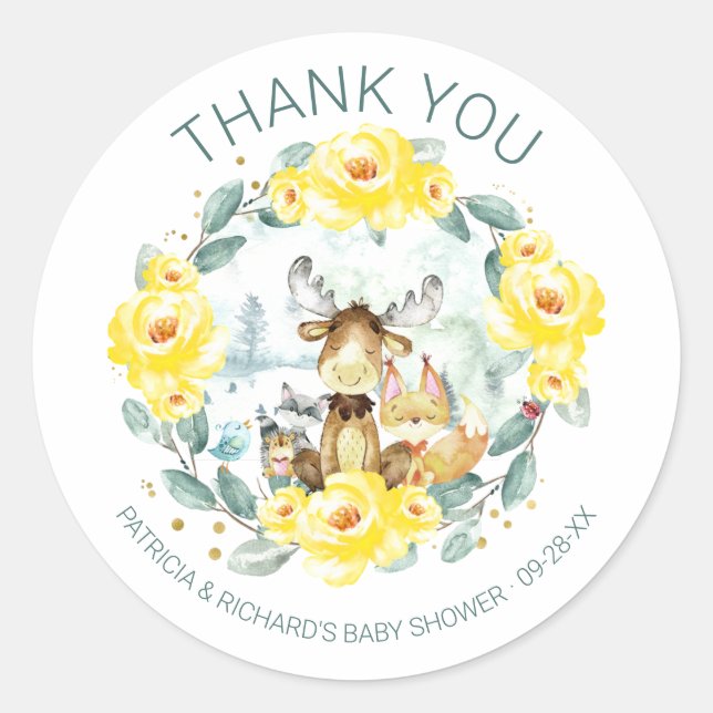 Sticker Rond Douce Animaux de la Forêt Fleurs et Feuillage Baby (Devant)