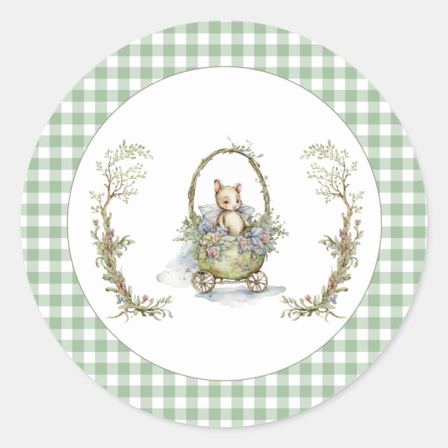 Sticker Rond Douce Baby Shower Animal Vert Gingham Conte de Fée (Devant)