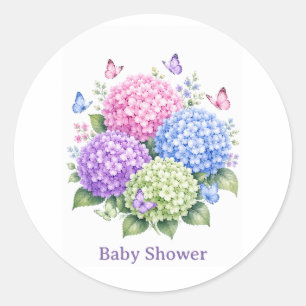 Sticker Rond Douce Baby Shower aux Hortensias et Papillons
