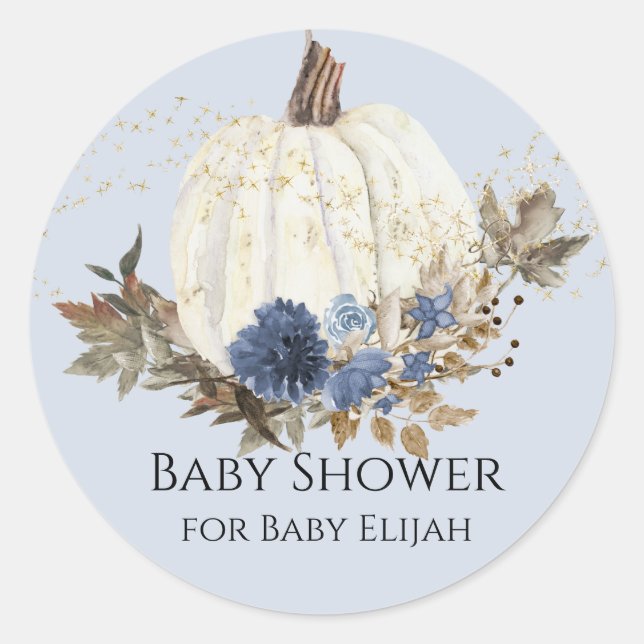 Sticker Rond Douce Baby Shower Bleu Poussiéreux Fleurs Blanches (Devant)