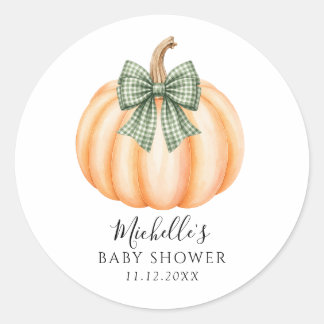 Sticker Rond Douce Baby Shower Citrouille Orange à Carreaux Ver