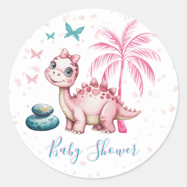 Sticker Rond Douce Baby Shower Dinosaure Rose (Devant)