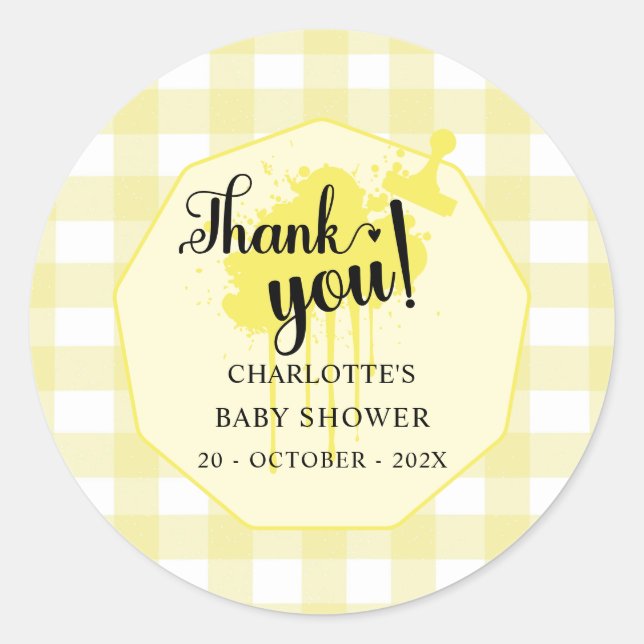 Sticker Rond Douce Baby Shower Jaune Gingham Pastel (Devant)