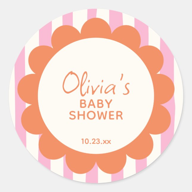Sticker Rond Douce Baby Shower Rose Orange Rayée  (Devant)