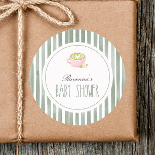 Sticker Rond Douce Baby Shower Thème Thé Matcha Sauge Rayures