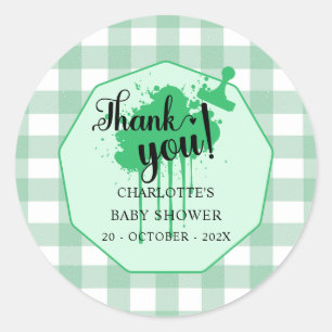 Sticker Rond Douce Baby Shower Vert Gingham Pâle