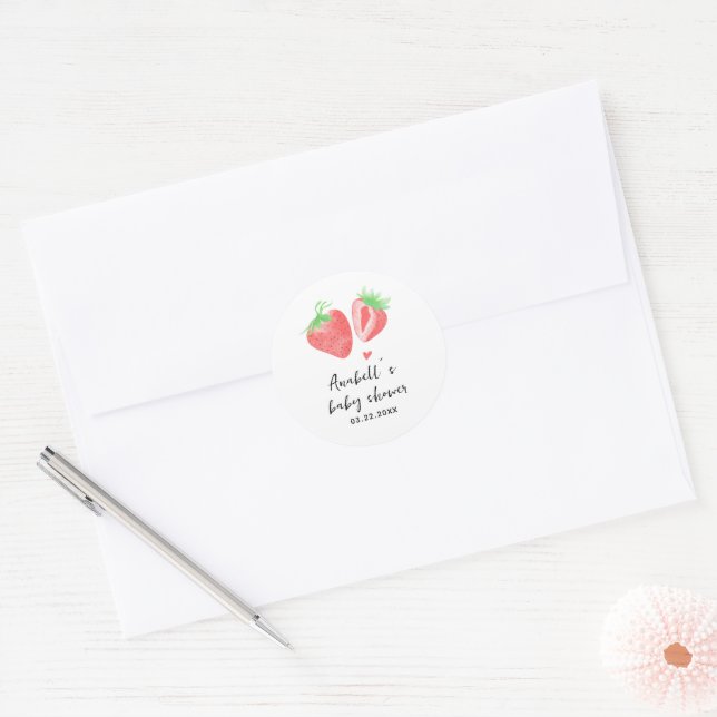 Sticker Rond Douce baie Fête de bébé à thème fraise  (Enveloppe)