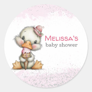 Sticker Rond Douce Caneton avec Fille au Cornet de Glace Rose B