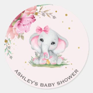 Sticker Rond Douce Éléphant Fleurs Roses Baby Shower